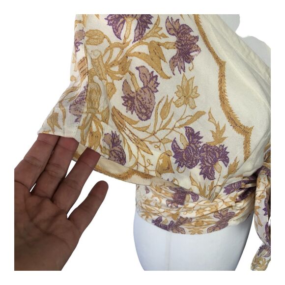Free People Arielle Linen Blend Short Sleeve Ivory Purple Crop Top Bow Tie XS - Picture 8 of 16